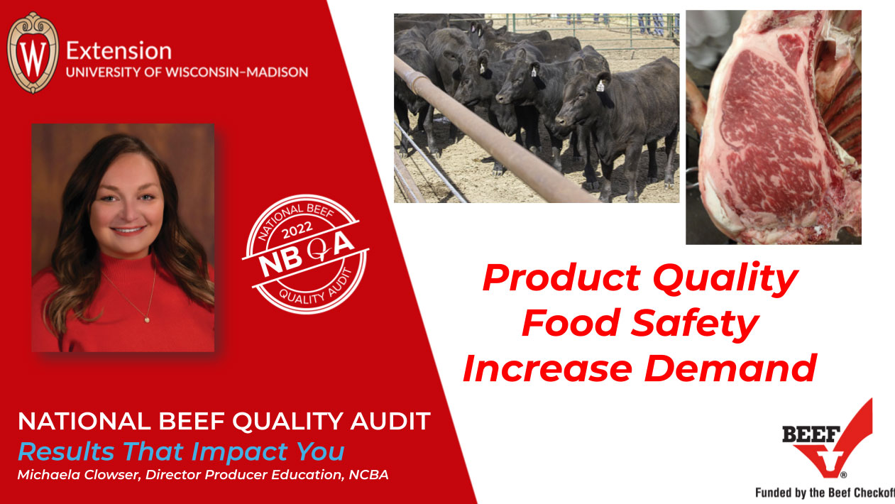 Title card of webinar for 2022 National Beef Quality Audit. Michaela Clowser's photo is shown.