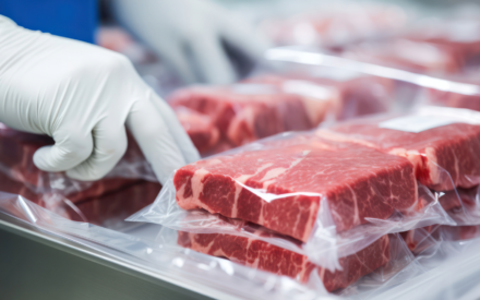 A worker inspects vacuum sealed meat on a stainless steel table