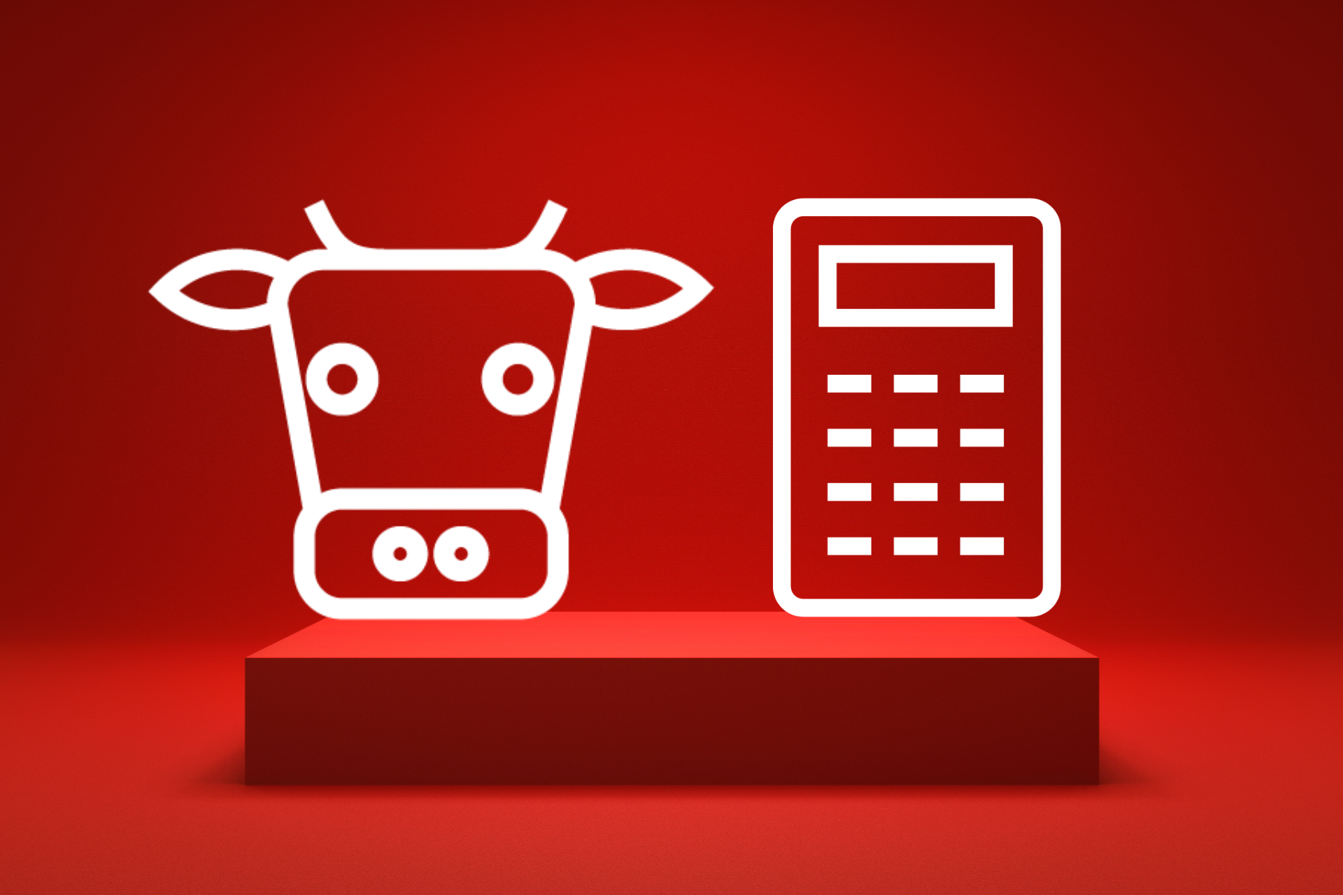 The image shows two white icon illustrations on a red background. One icon depicts a stylized cow or bull with big eyes and horns, representing livestock or farm animals. The other icon is a simplified calculator or keypad device. These two icons seem to represent agricultural calculations, livestock management, or farm accounting software or tools.
