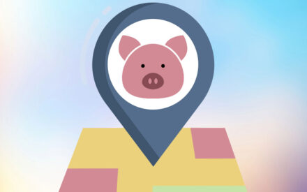 The image depicts a stylized map pin or location marker icon. The icon features a cute, simplified pig or piglet face in pink with a snout and dots for eyes inside a white circle. The circle is surrounded by a navy blue teardrop-shaped outline, which is the typical shape used for map pins or locator icons. The pin or marker is placed on a yellow geometric shape resembling a map or geographic area, with pink accents or borders around it, suggesting it is mapping or locating something related to pigs or pig farms on a map interface.
