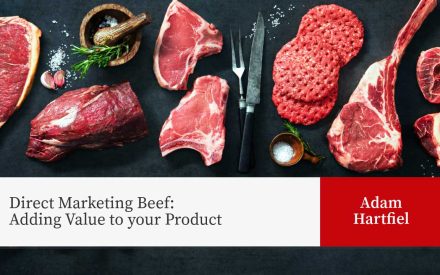 Image of several different cuts of raw beef on an elegant black background. The article title 'Direct Marketing Beef: Adding Value to your Product' by Adam Hartfiel.