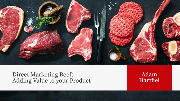 The image features a value slider graphic going from -MIN to +MAX with a glowing blue gradient effect. The article title 'Direct Marketing Beef: Adding Value to your Product' by Adam Hartfiel. 