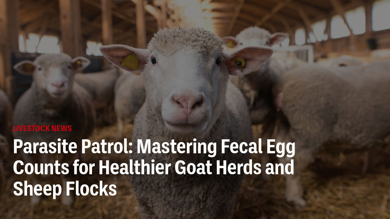 A close-up photo of a white sheep looking directly at the camera, with other sheep visible in the background of a barn. The image includes the headline "LIVESTOCK NEWS: Parasite Patrol: Mastering Fecal Egg Counts for Healthier Goat Herds and Sheep Flocks"