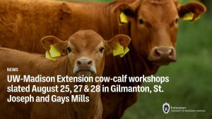 UW-Madison Extension cow-calf workshops slated August 25, 27 & 28 in Gilmanton, St. Joseph and Gays Mills
