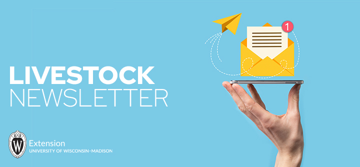 A single hand holds up a smart phone with an email icon floating above it representing email notifications. "Livestock Newsletter" is written in block letters to the left.