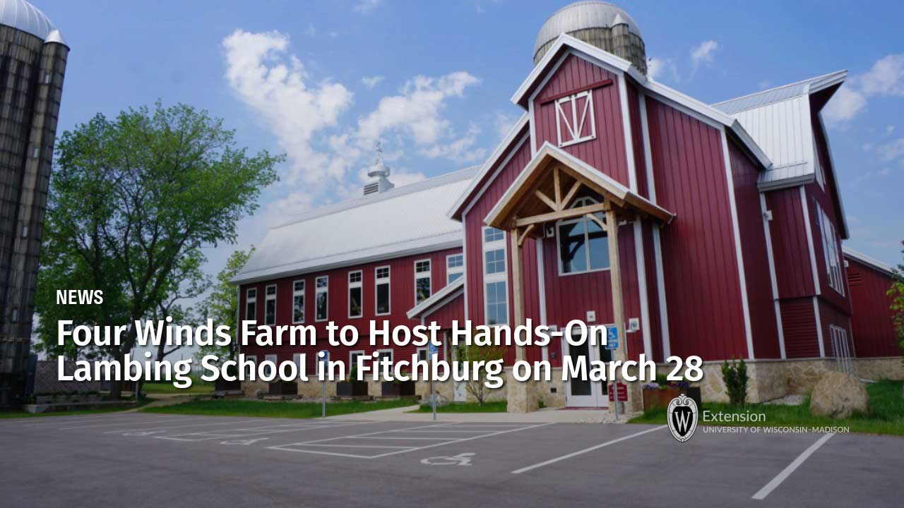 Red barn building at Four Winds Farm with text "Four Winds Farm to Host Hands-On Lambing School in Fitchburg on March 28."