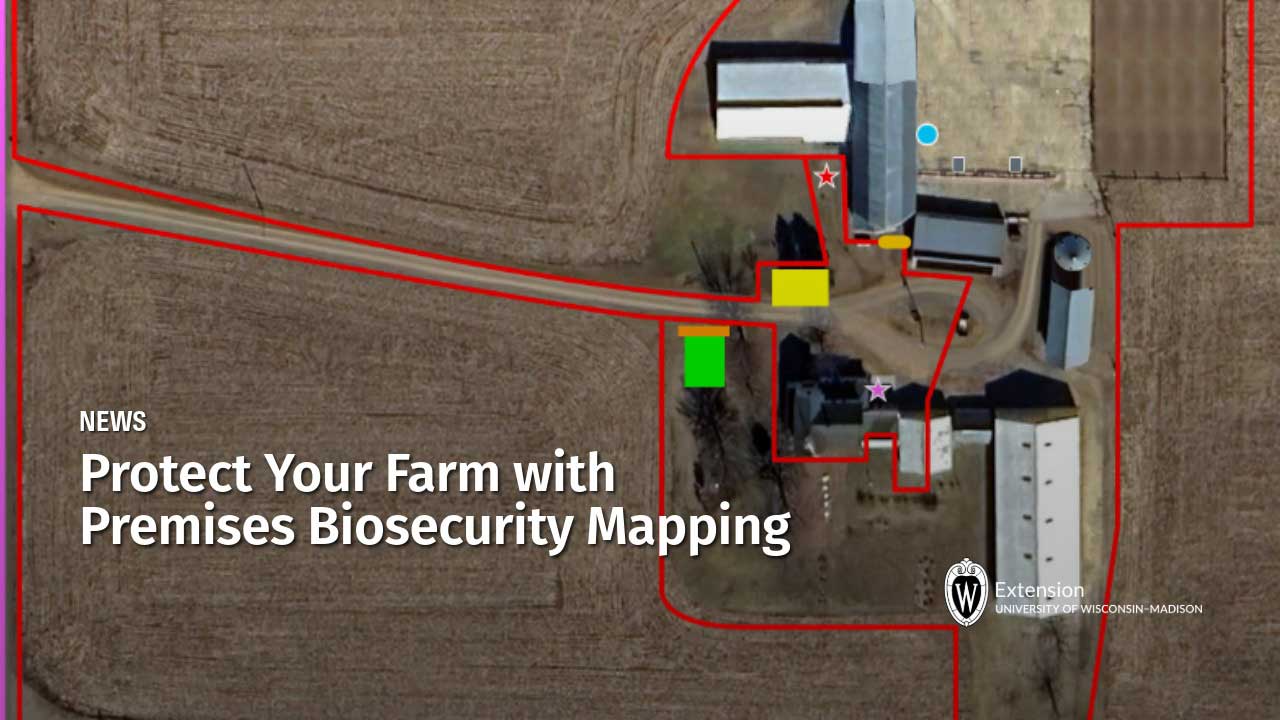 Ariel map view of a farm. Biosecurity lines are drawn around the operation in plans for preventing disease spread. "Protect Your Farm with Premises Biosecurity Mapping".