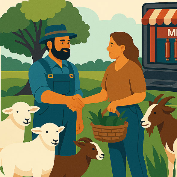 Illustration of farmer speaking with customer at farm meat stand.