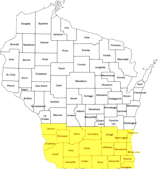 Wisconsin county map with southern counties highlighted in yellow, indicating the area affected by the Special Order on Domestic Bird Movement.