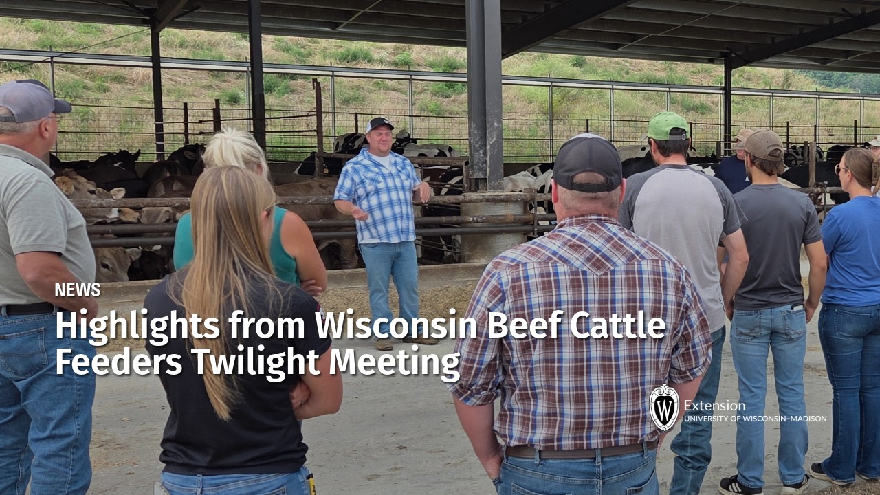 A man in a plaid shirt addresses a group of attendees at a livestock shelter during the "Highlights from Wisconsin Beef Cattle Feeders Twilight Meeting."